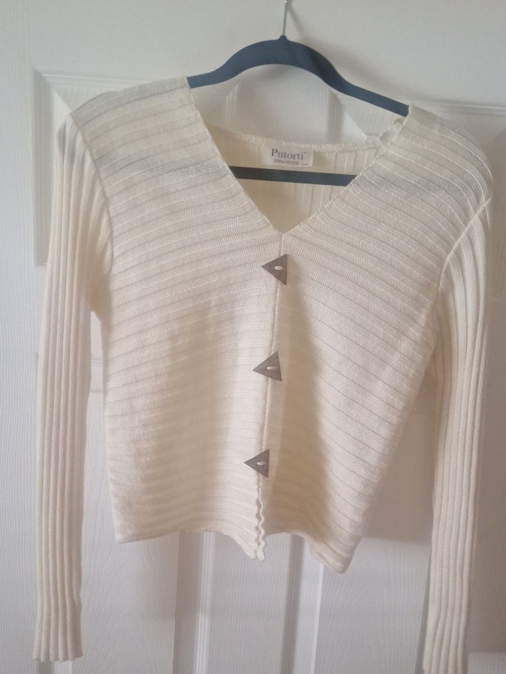 Cream V-Neck Button Ribbed Sweater